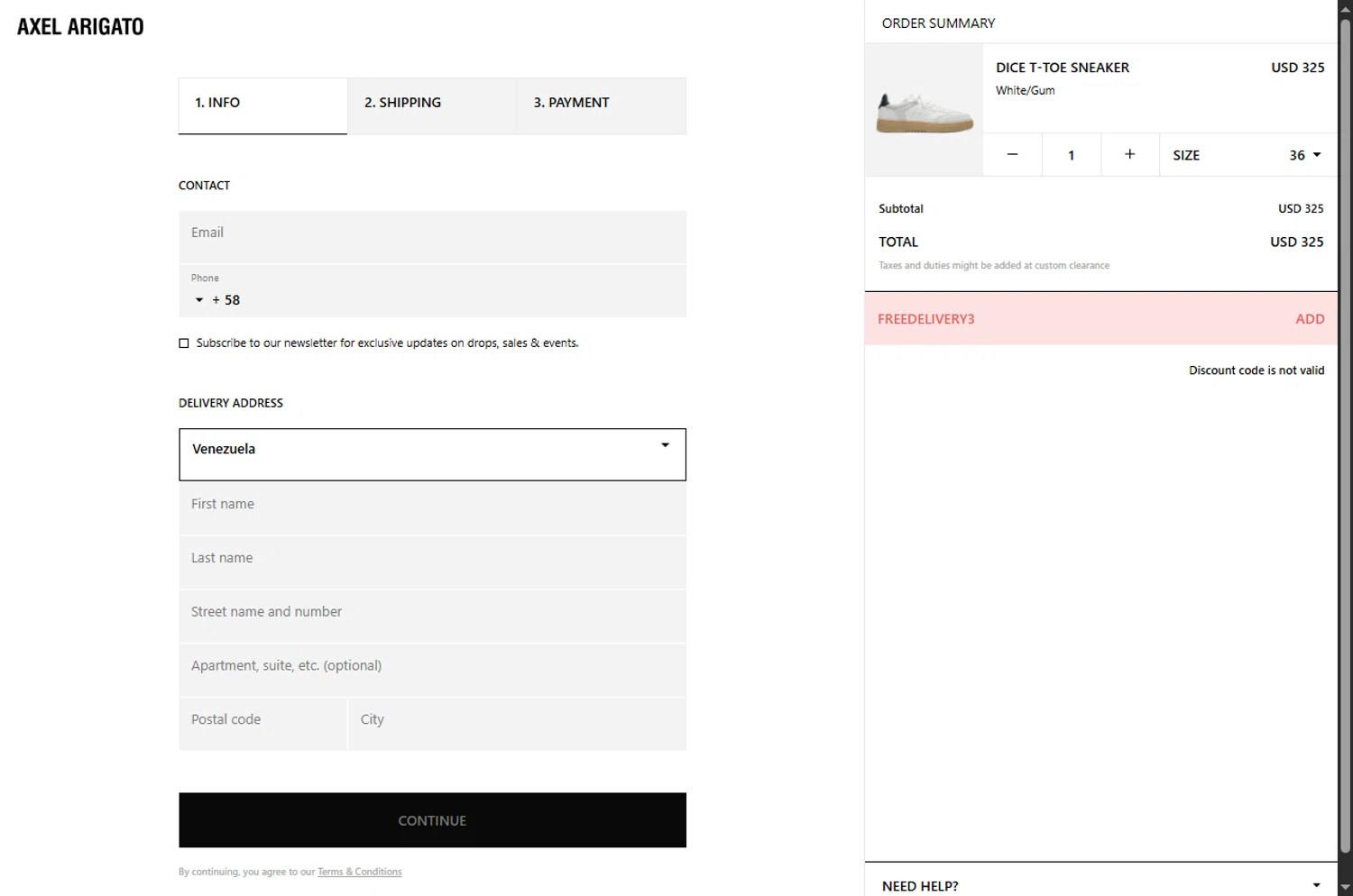 Axel Arigato promo code screenshot showing code FREEDELIVERY3 applied at Axel Arigato checkout page. Uploaded by SimplyCodes community member tony2702 on Jun 11, 2025