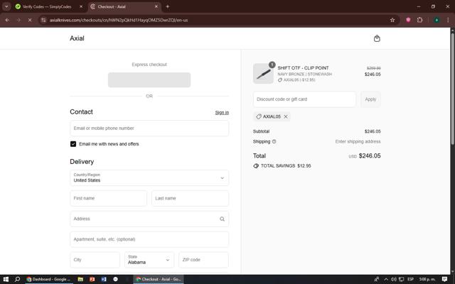 Axial Knives checkout page showing Axial Knives discount code box | Screenshot taken by SimplyCodes community member on Sep 10, 2025