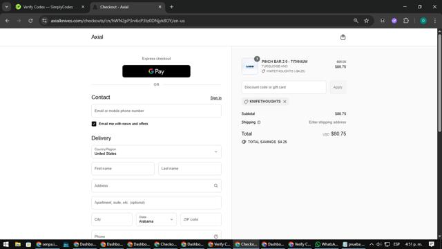 Axial Knives checkout page showing Axial Knives discount code box | Screenshot taken by SimplyCodes community member on Sep 10, 2025