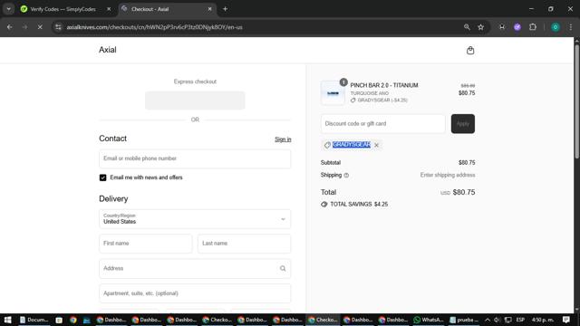 Axial Knives checkout page showing Axial Knives discount code box | Screenshot taken by SimplyCodes community member on Sep 10, 2025