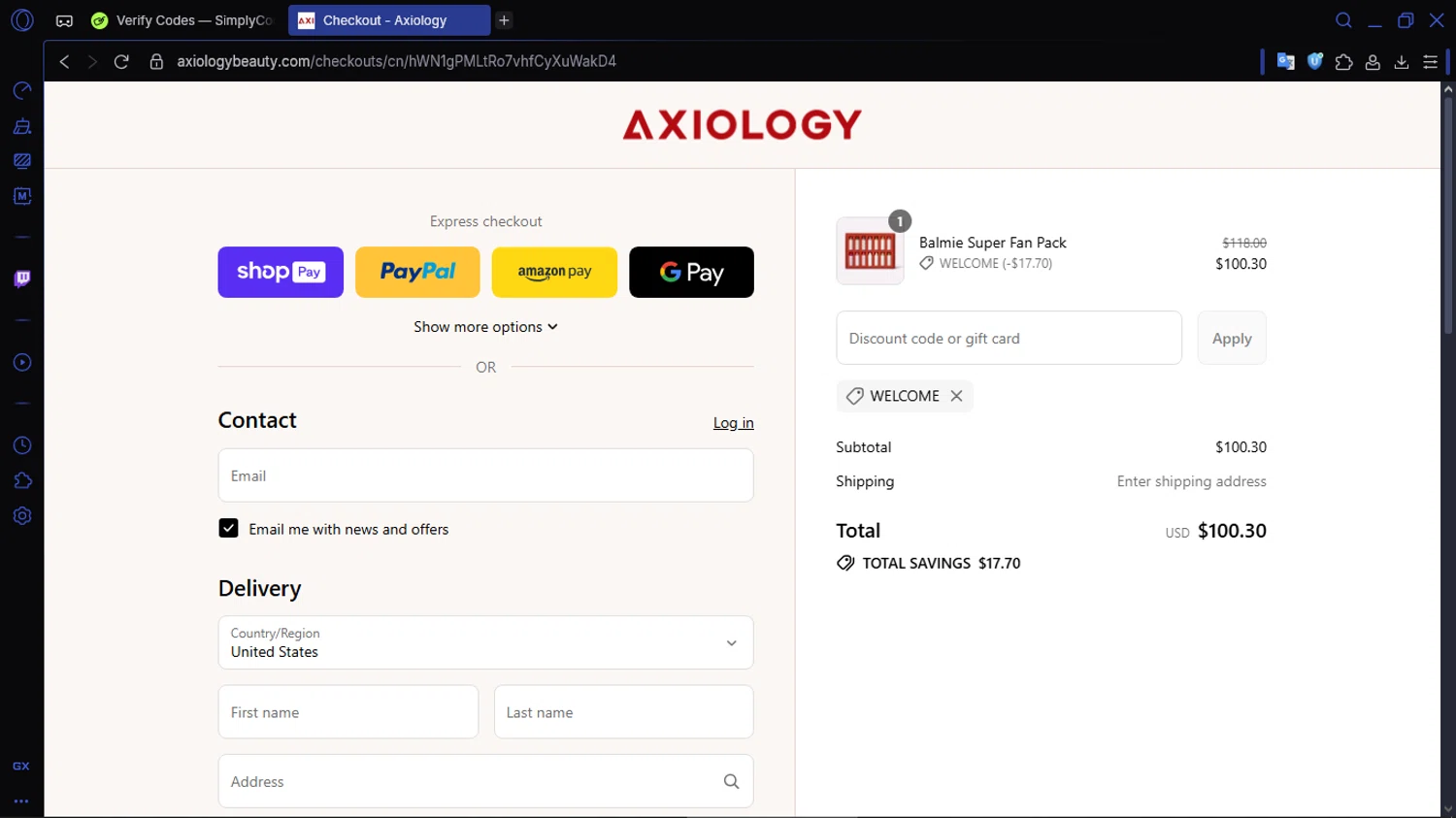 Axiology discount code screenshot showing code WELCOME applied at Axiology checkout page. Uploaded by SimplyCodes community member ACIDOSULFURICO on Aug 11, 2025