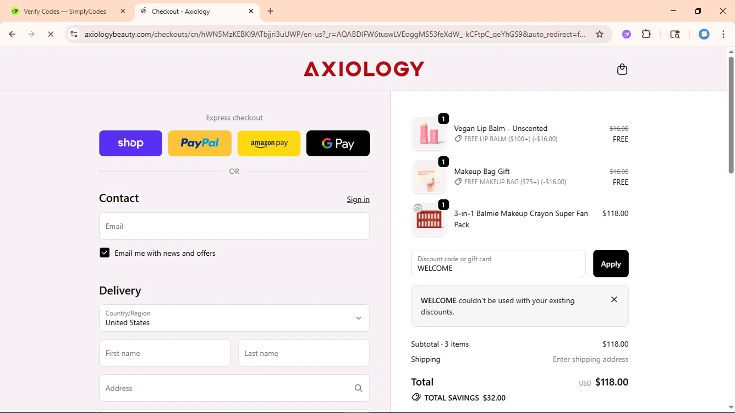 Axiology discount code screenshot showing code WELCOME applied at Axiology checkout page. Uploaded by SimplyCodes community member davidguardia on Nov 16, 2025
