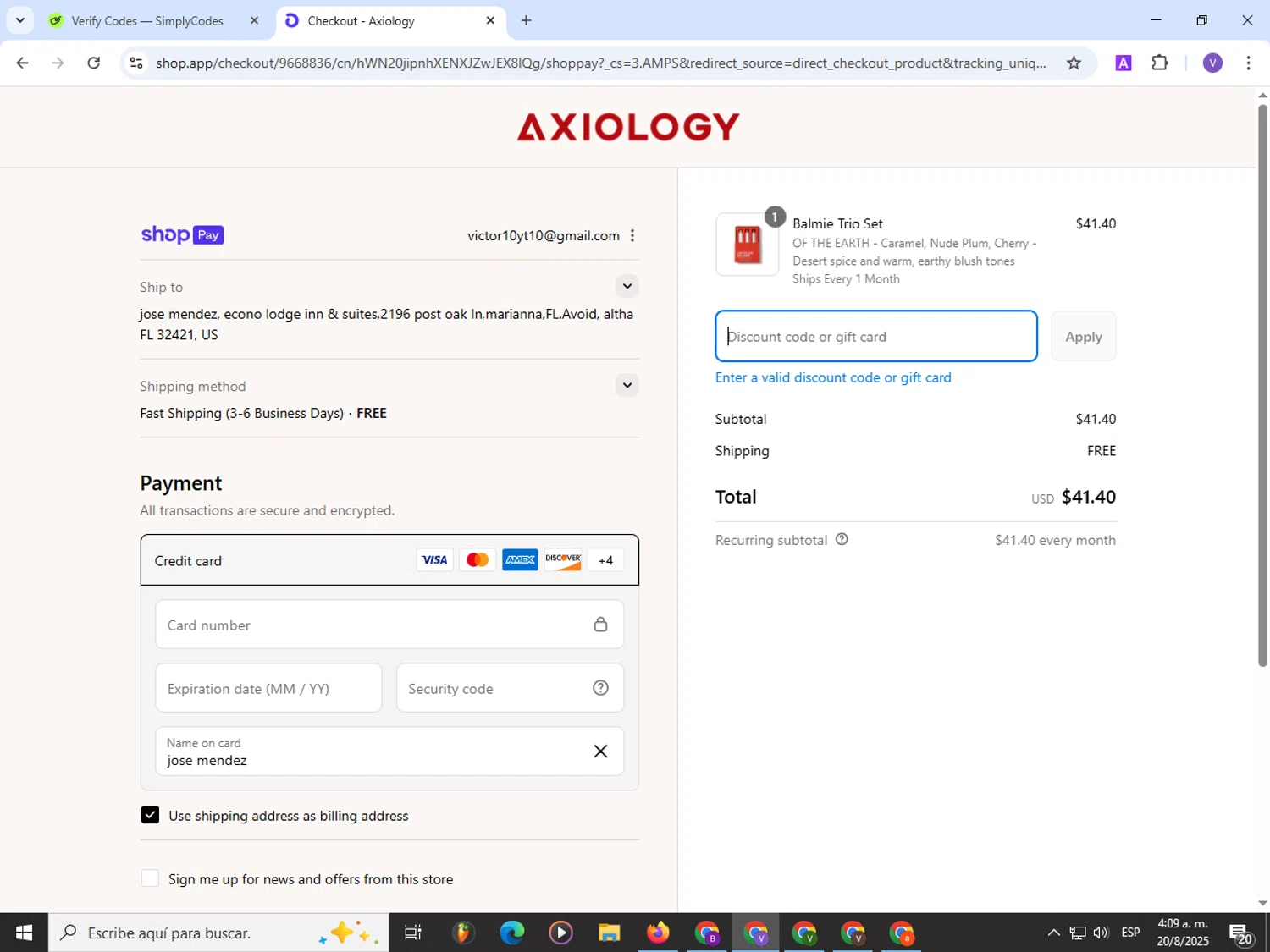 Axiology discount code screenshot showing code MEMORIALDAY25 applied at Axiology checkout page. Uploaded by SimplyCodes community member Satoru_gojo on Aug 20, 2025