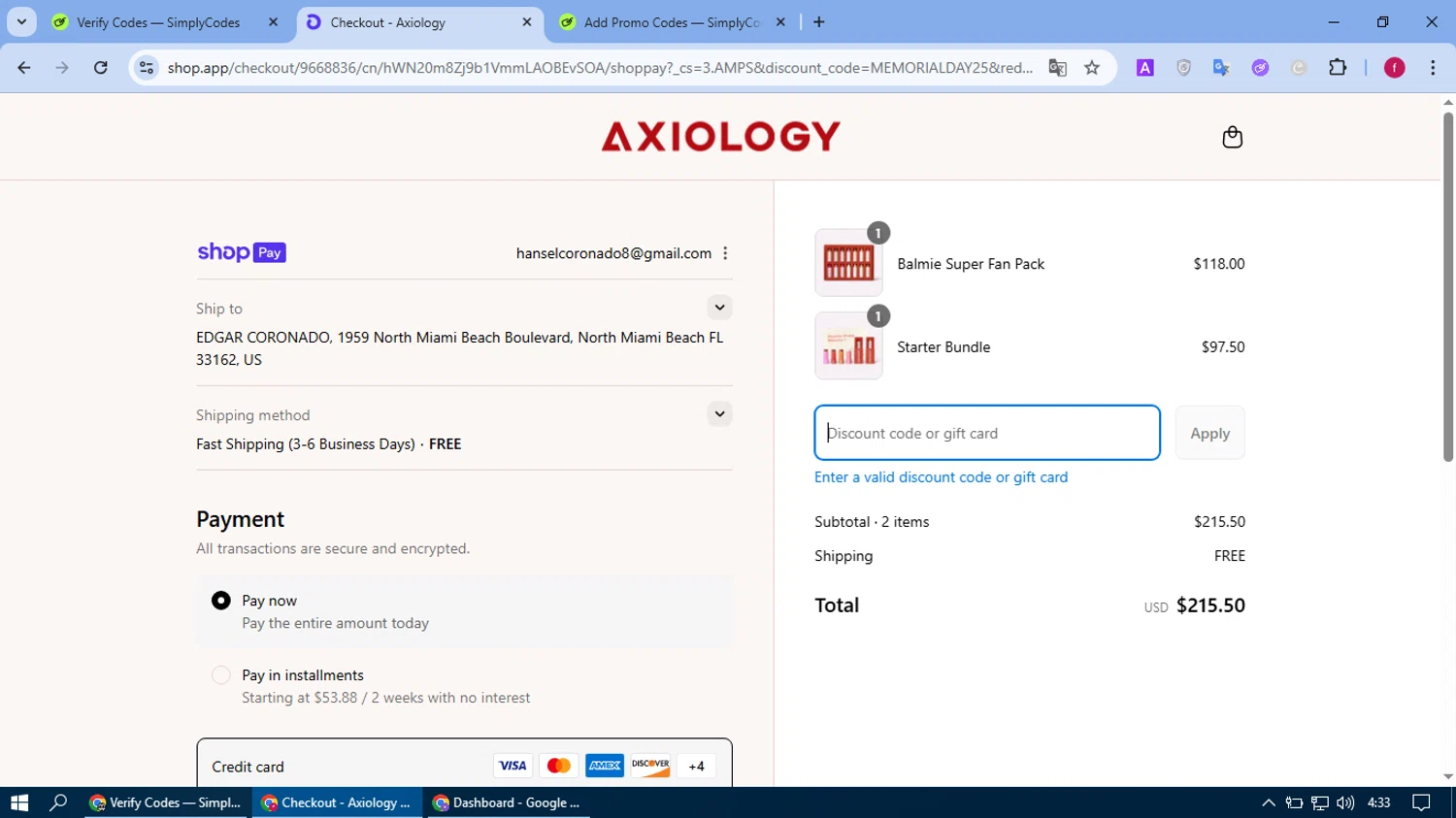 Axiology discount code screenshot showing code MEMORIALDAY25 applied at Axiology checkout page. Uploaded by SimplyCodes community member fausguillermo on Aug 20, 2025