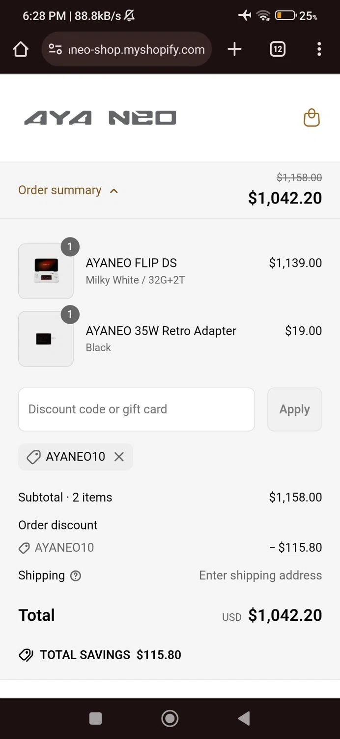 Ayaneo discount code screenshot showing code AYANEO10 applied at Ayaneo checkout page. Uploaded by SimplyCodes community member ArgyArgy on May 17, 2025