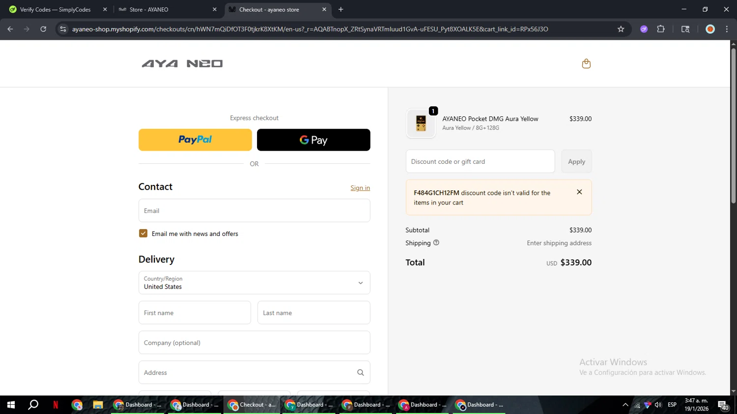 Ayaneo checkout page showing Ayaneo discount code box | Screenshot taken by SimplyCodes community member on Jan 19, 2026
