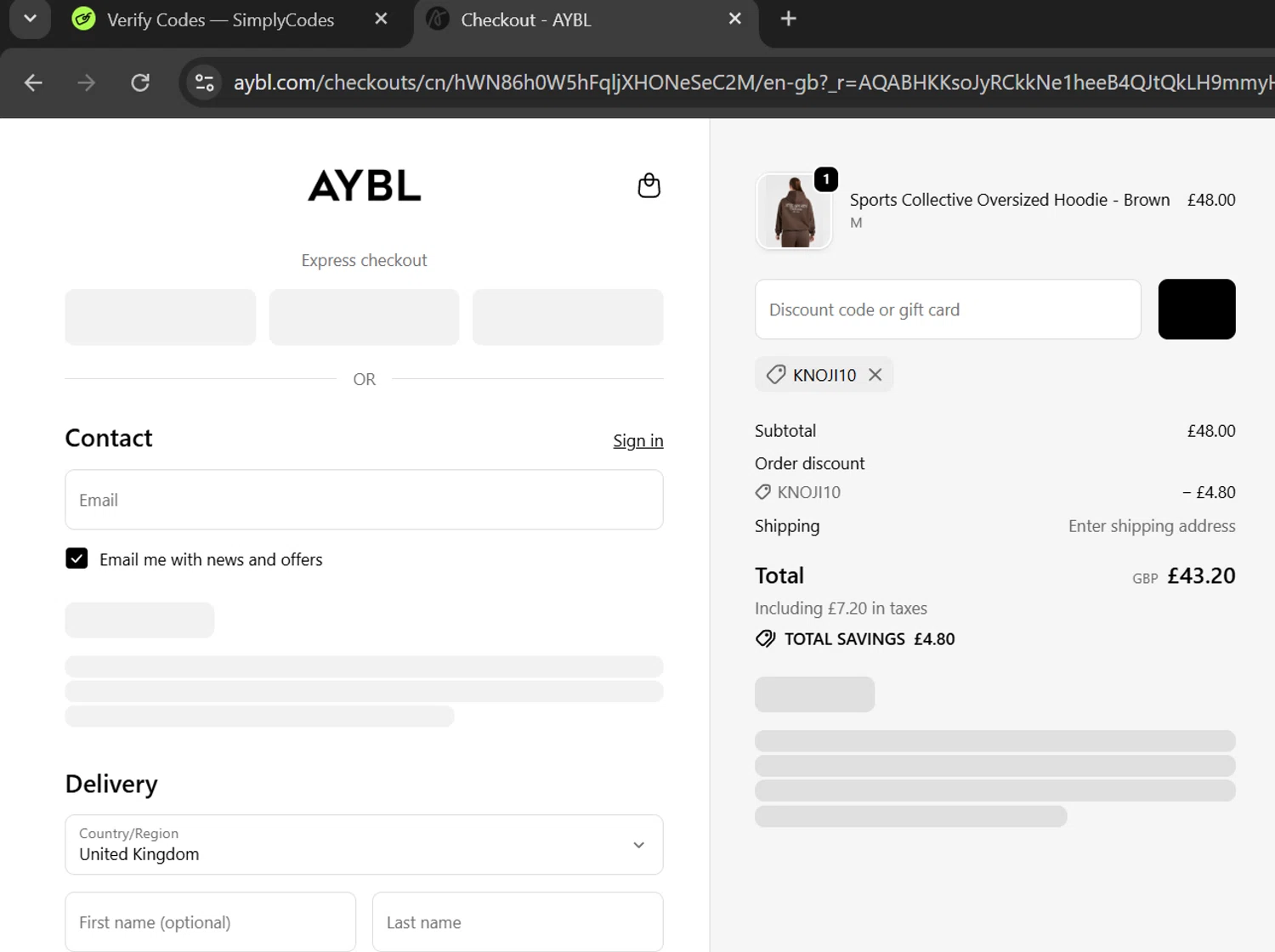 AYBL USA checkout page showing AYBL USA discount code box | Screenshot taken by SimplyCodes community member on Jan 27, 2026