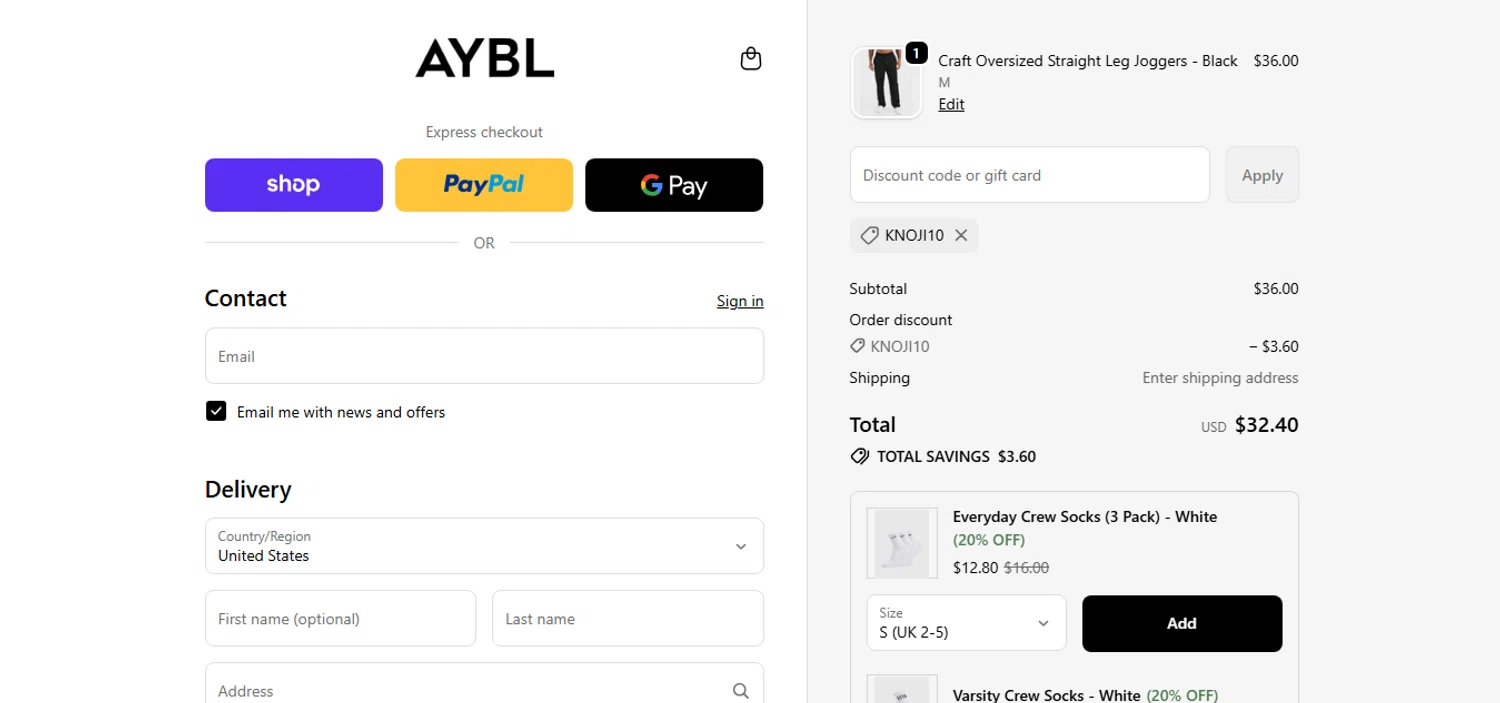 AYBL USA discount code screenshot showing code KNOJI10 applied at AYBL USA checkout page. Uploaded by SimplyCodes community member MagnificentCurator5441 on Nov 30, 2025