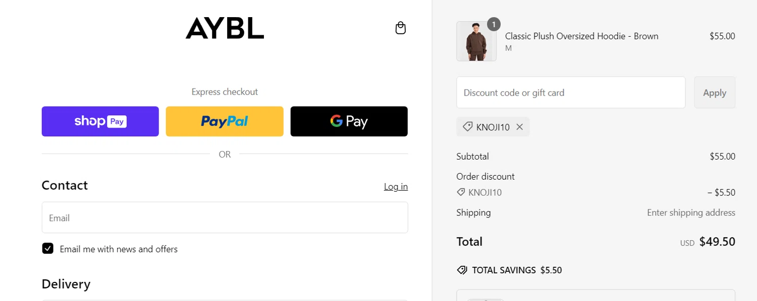AYBL USA discount code screenshot showing code KNOJI10 applied at AYBL USA checkout page. Uploaded by SimplyCodes community member RichterBelmont on Mar 1, 2025