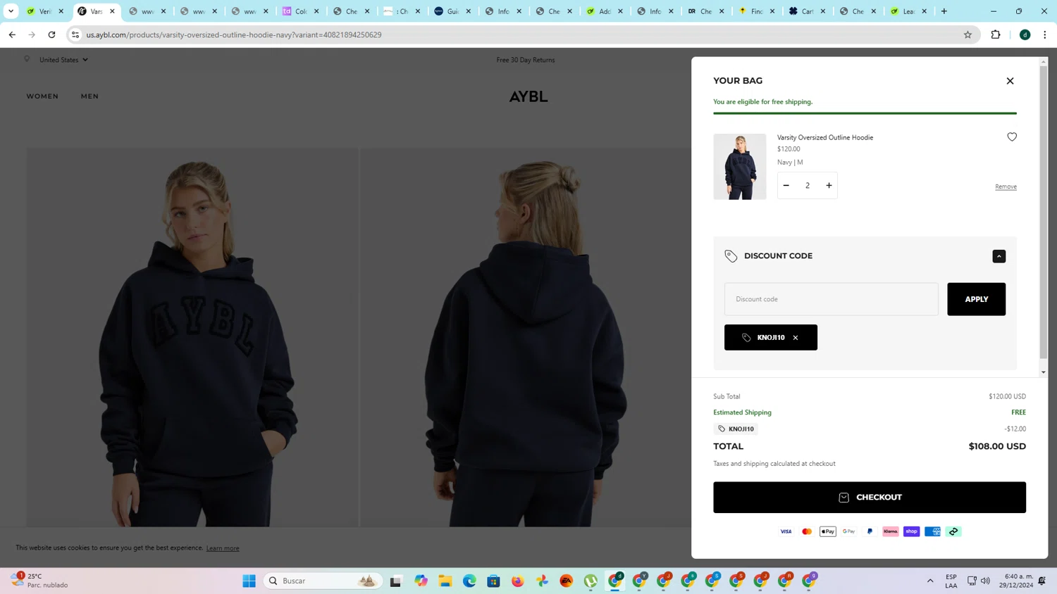 AYBL USA discount code screenshot showing code KNOJI10 applied at AYBL USA checkout page. Uploaded by SimplyCodes community member darlisiglesias on Dec 29, 2024