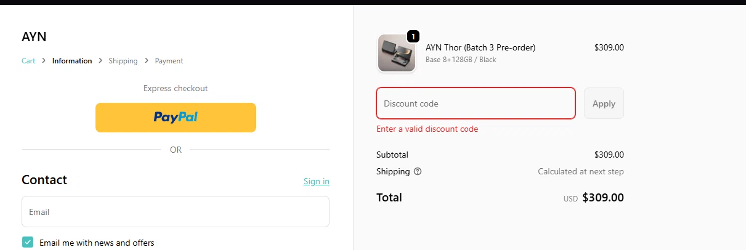 AYN discount code screenshot showing code JoinOdinFam applied at AYN checkout page. Uploaded by SimplyCodes community member Billyyou on Feb 11, 2026
