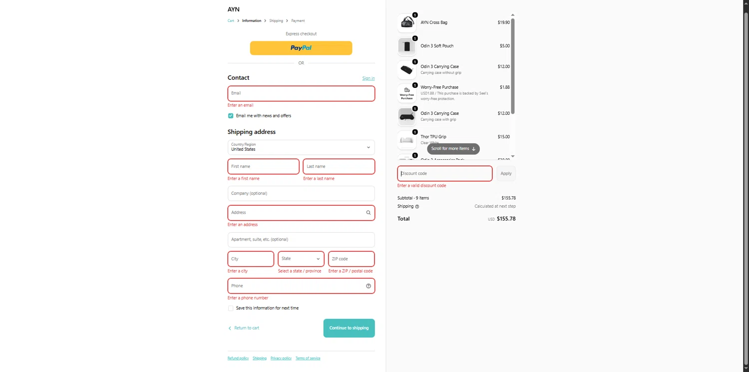 AYN discount code screenshot showing code JoinOdinFam applied at AYN checkout page. Uploaded by SimplyCodes community member SilverLynx3397 on Feb 11, 2026