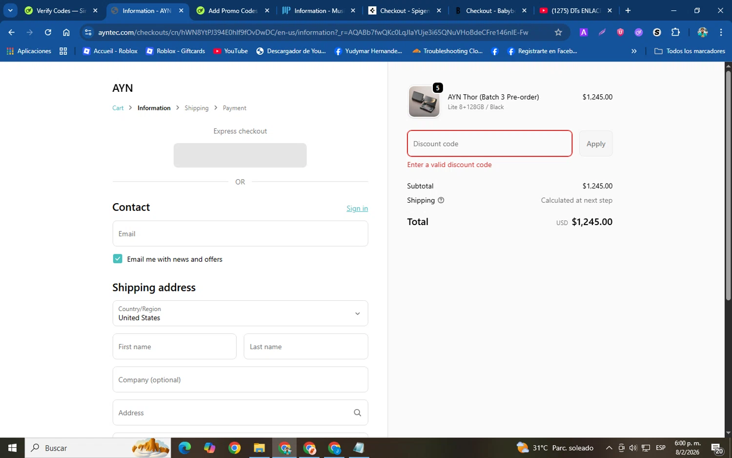 AYN discount code screenshot showing code JoinOdinFam applied at AYN checkout page. Uploaded by SimplyCodes community member helicoide on Feb 8, 2026