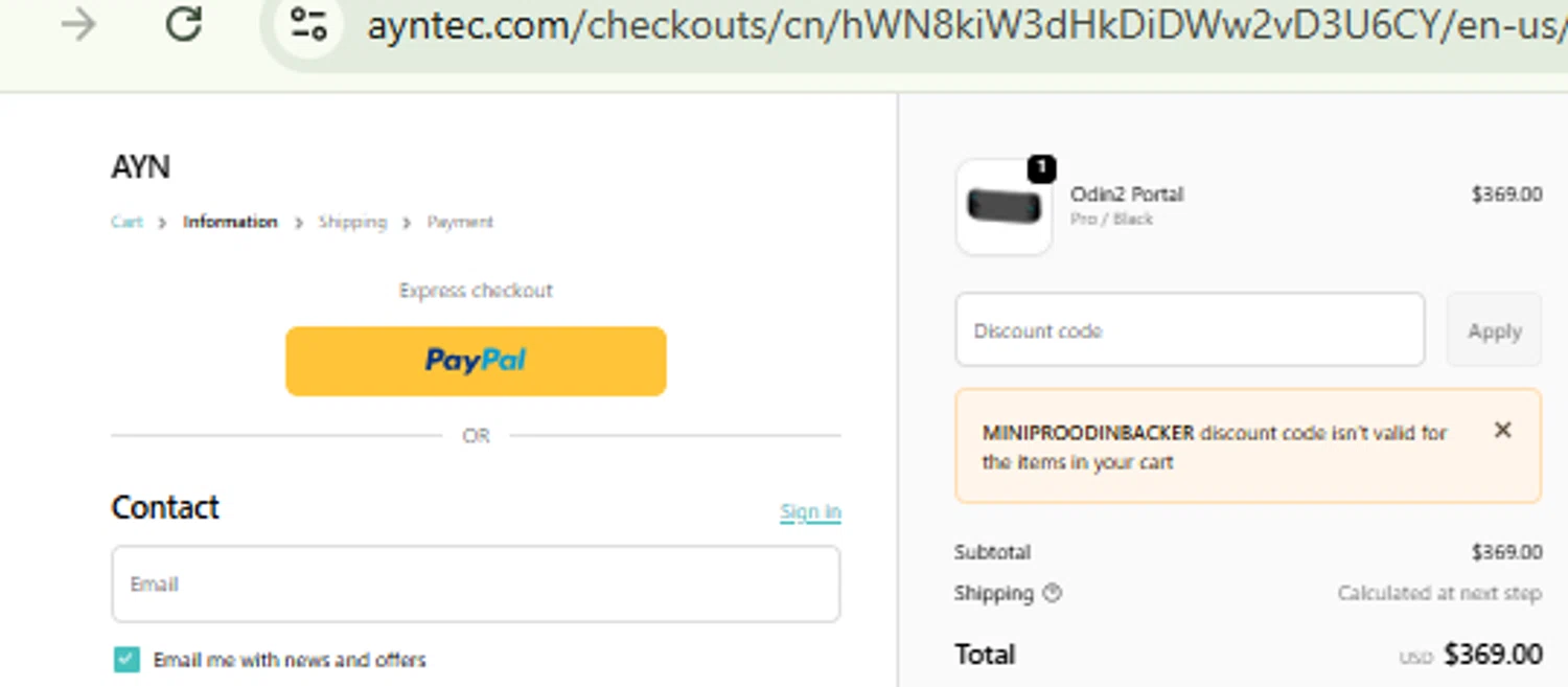 AYN checkout page showing AYN discount code box | Screenshot taken by SimplyCodes community member on Feb 13, 2026