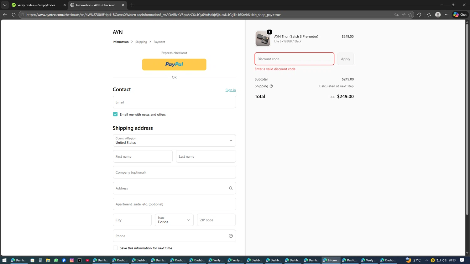 AYN discount code screenshot showing code PortalSave$30 applied at AYN checkout page. Uploaded by SimplyCodes community member Kaizen on Feb 9, 2026