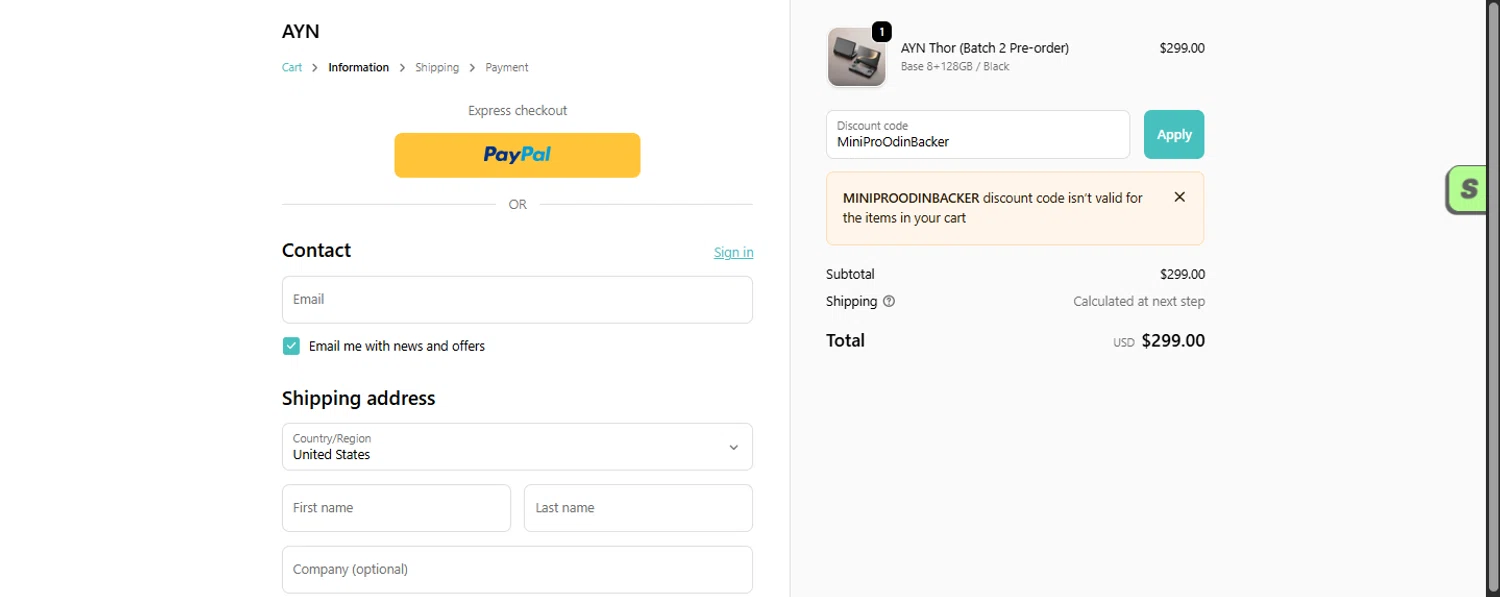 AYN discount code screenshot showing code MiniProOdinBacker applied at AYN checkout page. Uploaded by SimplyCodes community member ashe1986 on Dec 3, 2025
