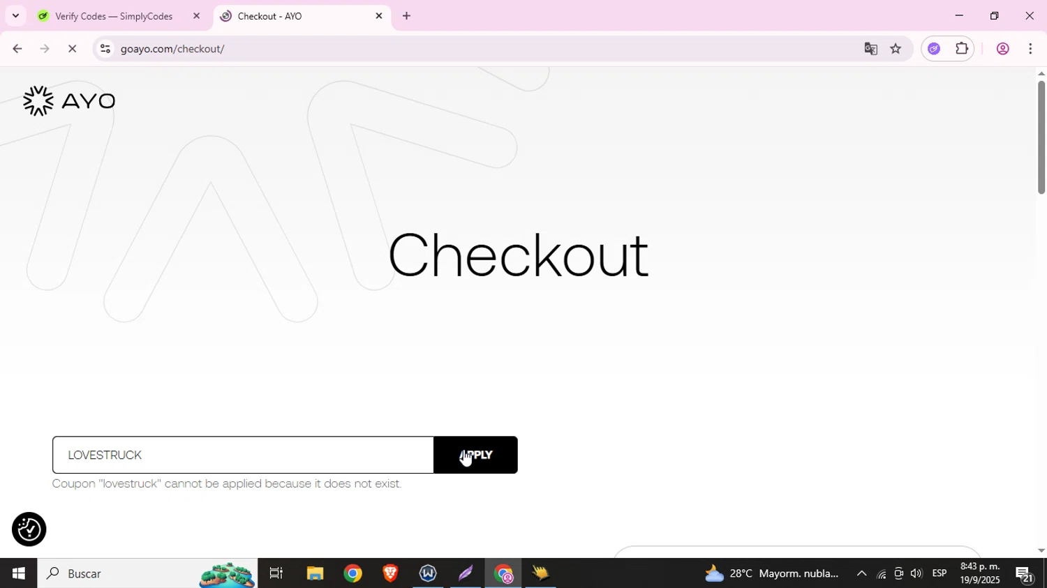 Ayo discount code screenshot showing code LOVESTRUCK applied at Ayo checkout page. Uploaded by SimplyCodes community member TokenAce5969 on Sep 20, 2025