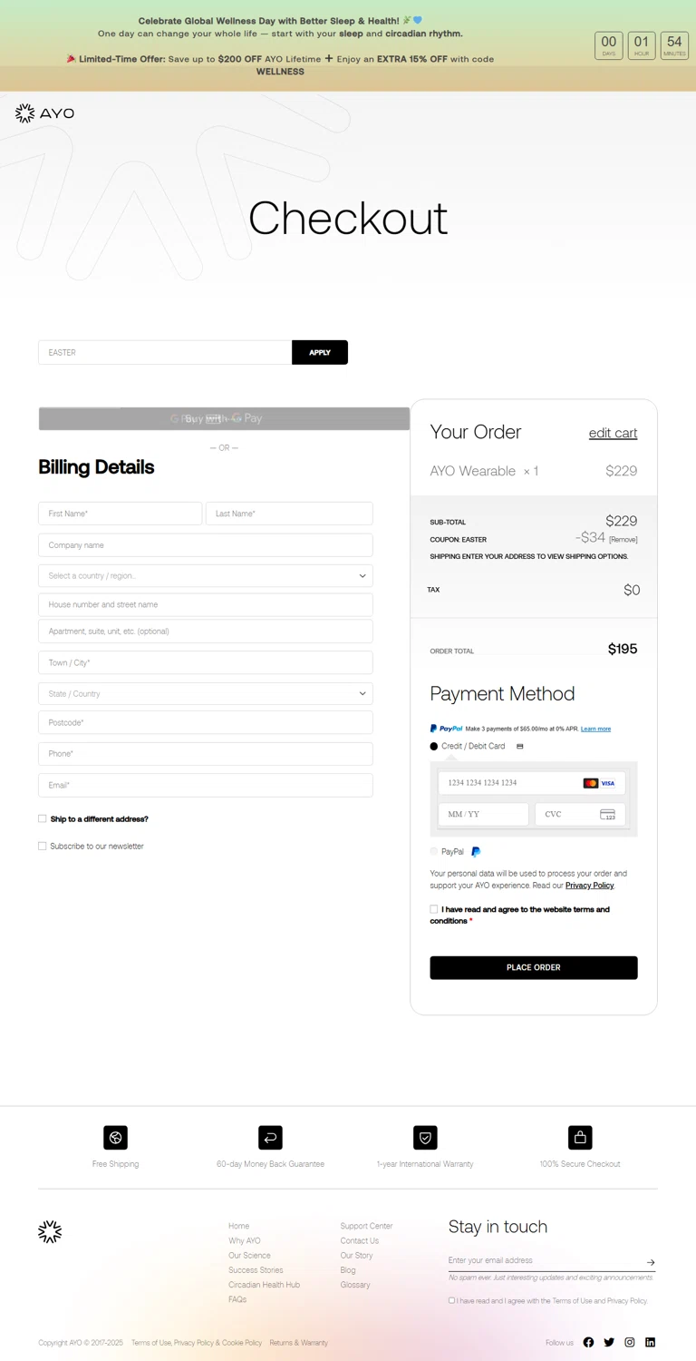 Ayo discount code screenshot showing code EASTER applied at Ayo checkout page. Uploaded by SimplyCodes community member CarmenAyuth on Jun 8, 2025