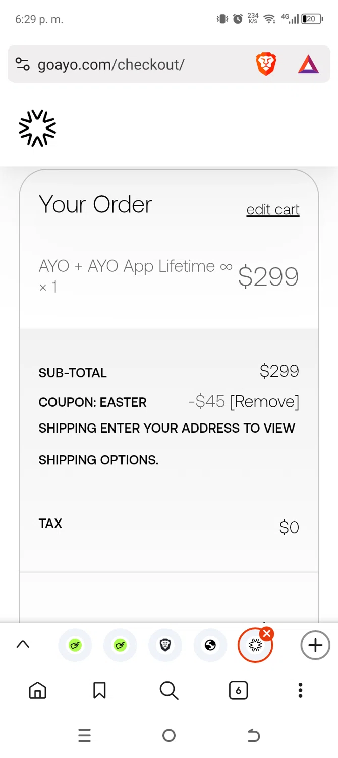 Ayo discount code screenshot showing code EASTER applied at Ayo checkout page. Uploaded by SimplyCodes community member delvisgomez on Jun 22, 2025