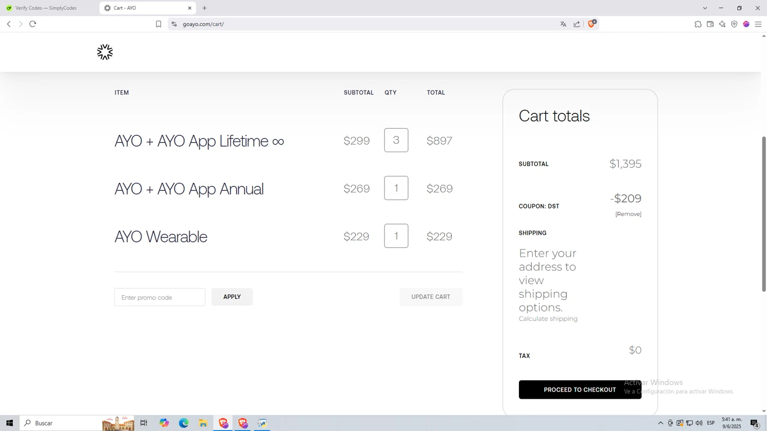 Ayo discount code screenshot showing code DST applied at Ayo checkout page. Uploaded by SimplyCodes community member NARUTO_UZUMAKIsx on Jun 9, 2025