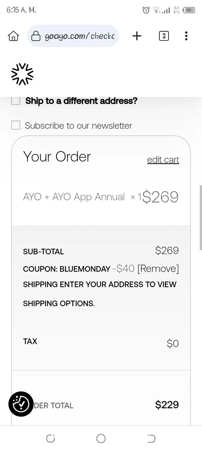 Ayo discount code screenshot showing code BLUEMONDAY applied at Ayo checkout page. Uploaded by SimplyCodes community member Jhoan06 on Sep 24, 2025