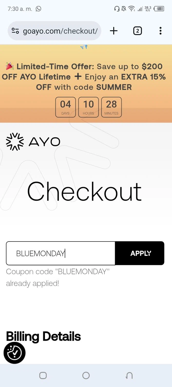 Ayo discount code screenshot showing code BLUEMONDAY applied at Ayo checkout page. Uploaded by SimplyCodes community member yeresojperez on Jul 28, 2025