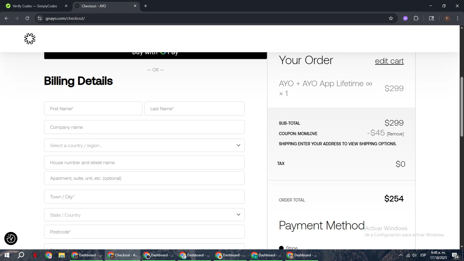 Ayo checkout page showing Ayo discount code box | Screenshot taken by SimplyCodes community member on Oct 17, 2025