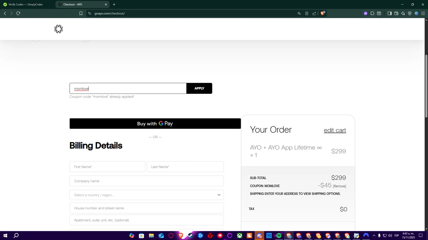 Ayo discount code screenshot showing code momlove applied at Ayo checkout page. Uploaded by SimplyCodes community member RickCound on Nov 15, 2025