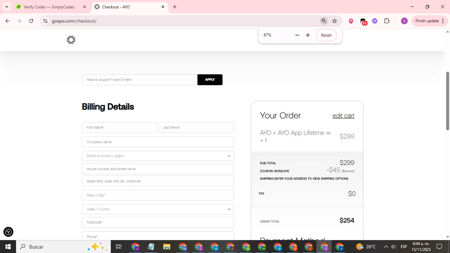Ayo discount code screenshot showing code momlove applied at Ayo checkout page. Uploaded by SimplyCodes community member ValuePilot6849 on Nov 15, 2025