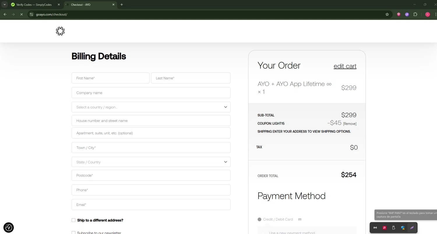 Ayo checkout page showing Ayo discount code box | Screenshot taken by SimplyCodes community member on Oct 11, 2025