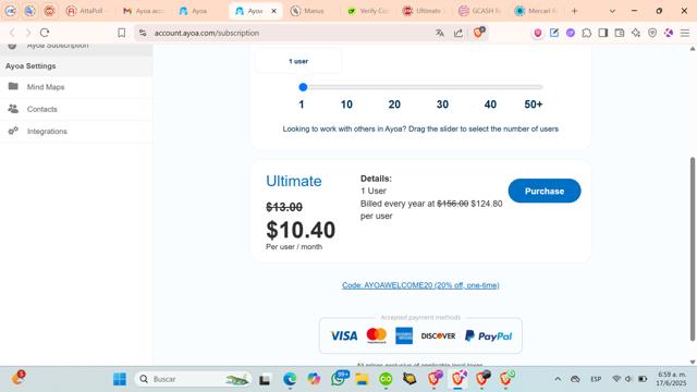 Ayoa checkout page showing Ayoa promo code box | Screenshot taken by SimplyCodes community member on Jun 17, 2025