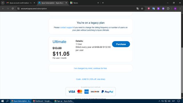 Ayoa checkout page showing Ayoa promo code box | Screenshot taken by SimplyCodes community member on Jun 27, 2025