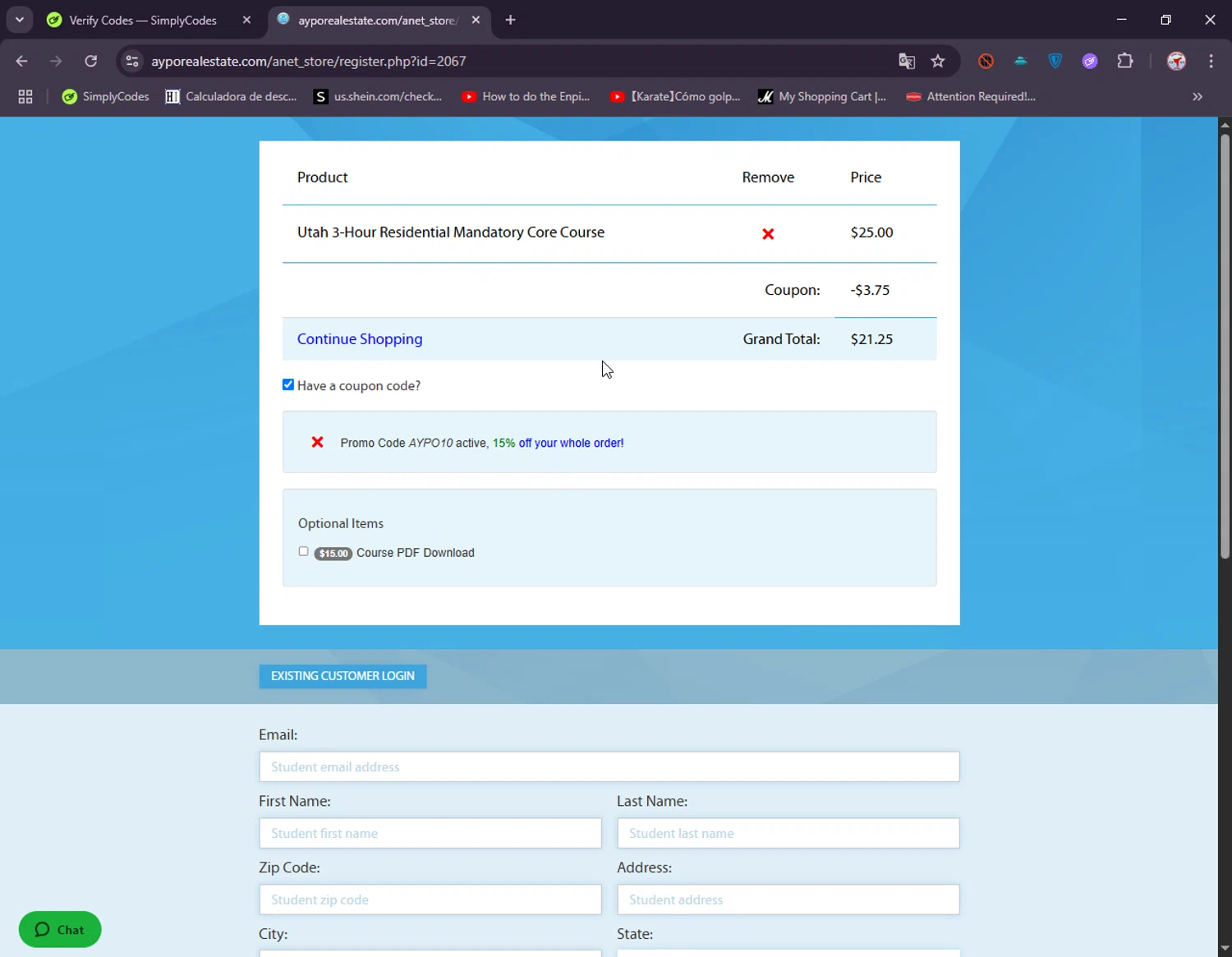 AYPO Real Estate coupon code screenshot showing code AYPO10 applied at AYPO Real Estate checkout page. Uploaded by SimplyCodes community member ElIntrepidoVolador on Jun 20, 2025