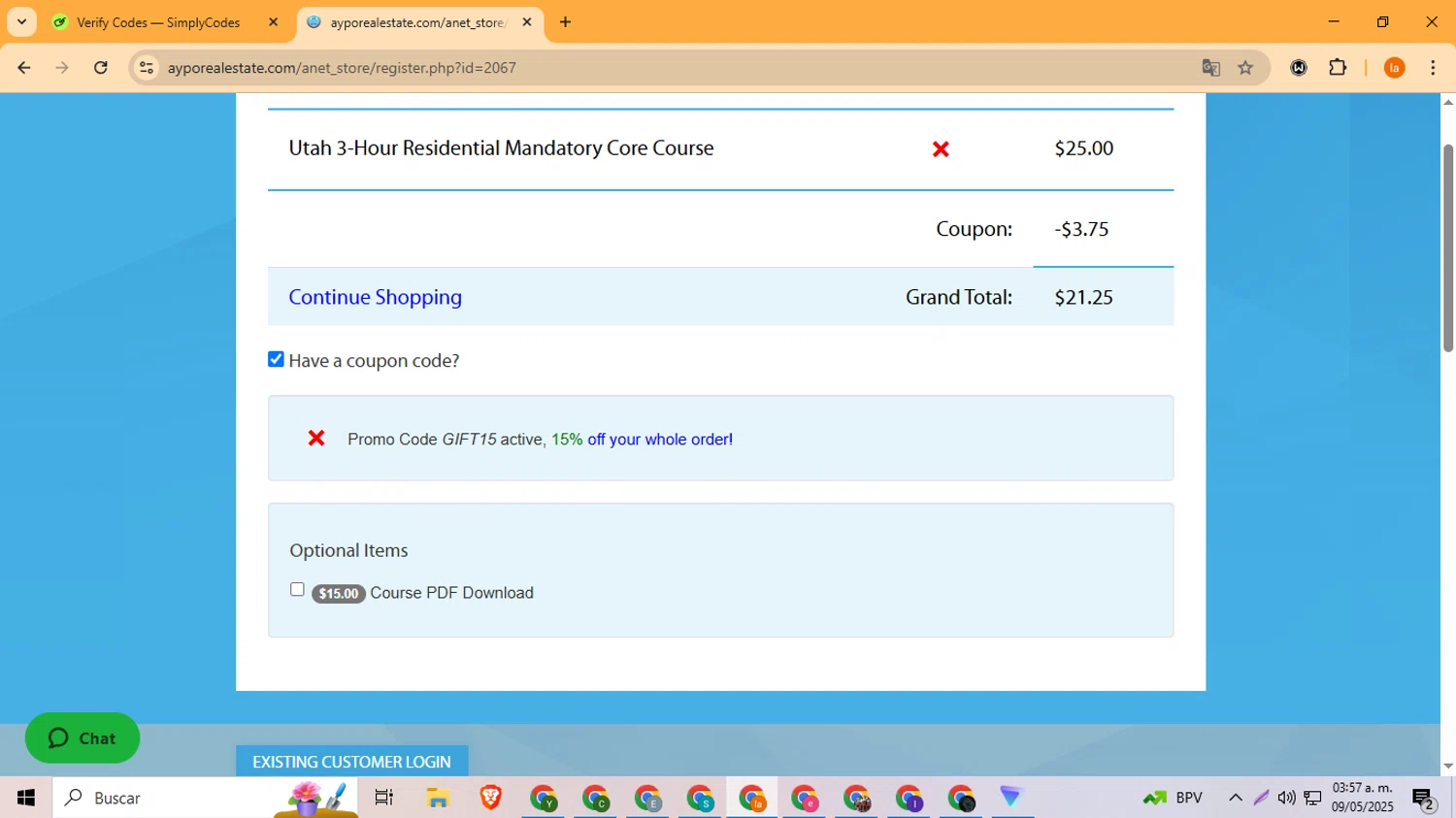AYPO Real Estate coupon code screenshot showing code GIFT15 applied at AYPO Real Estate checkout page. Uploaded by SimplyCodes community member LegendaryFox4384 on May 9, 2025