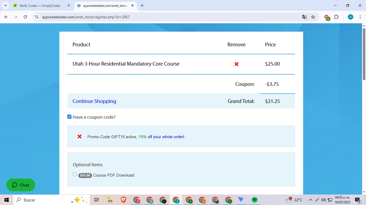 AYPO Real Estate coupon code screenshot showing code GIFT15 applied at AYPO Real Estate checkout page. Uploaded by SimplyCodes community member ExtraordinarySeeker8039 on May 16, 2025