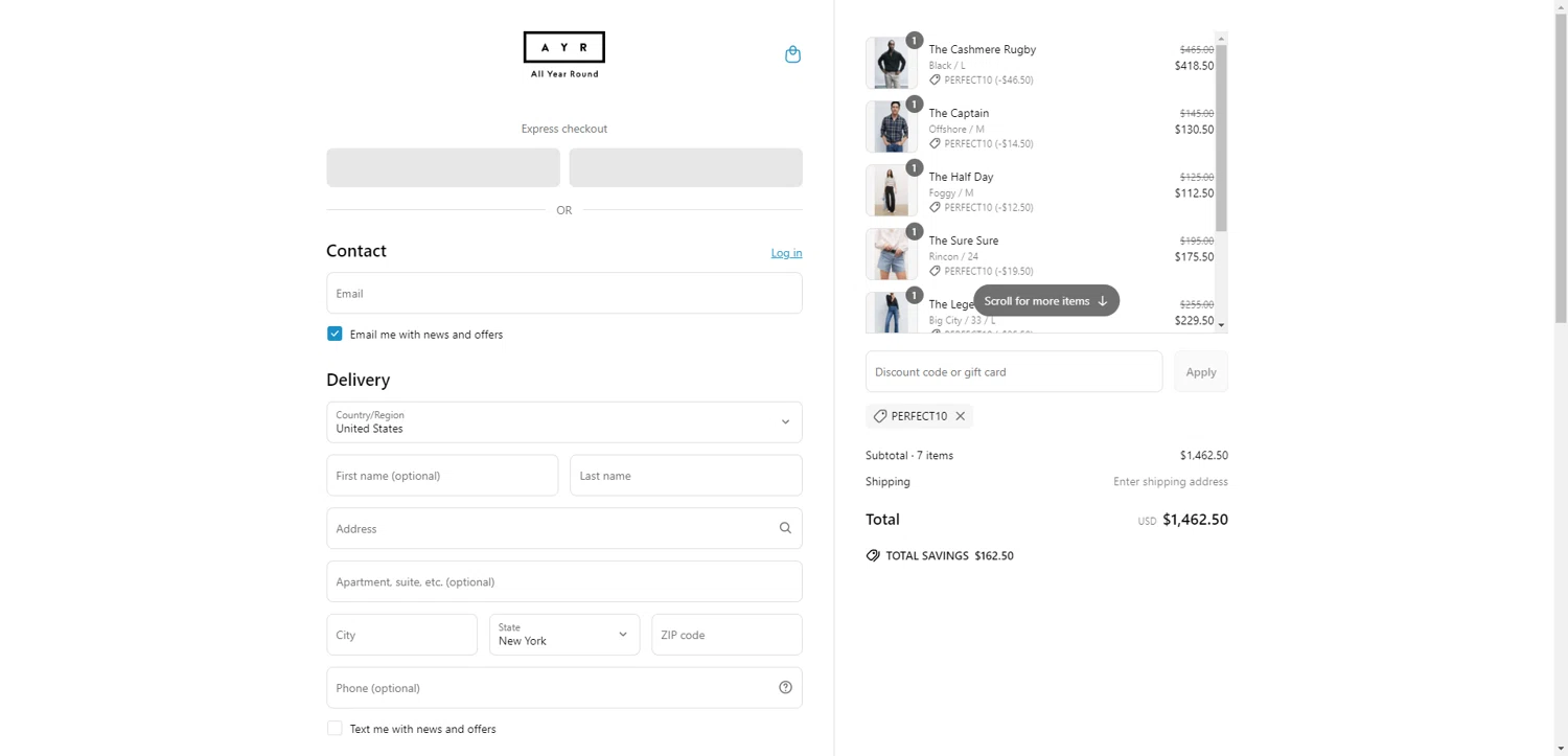 AYR promo code screenshot showing code PERFECT10 applied at AYR checkout page. Uploaded by SimplyCodes community member ValiantAce1810 on Jun 7, 2025