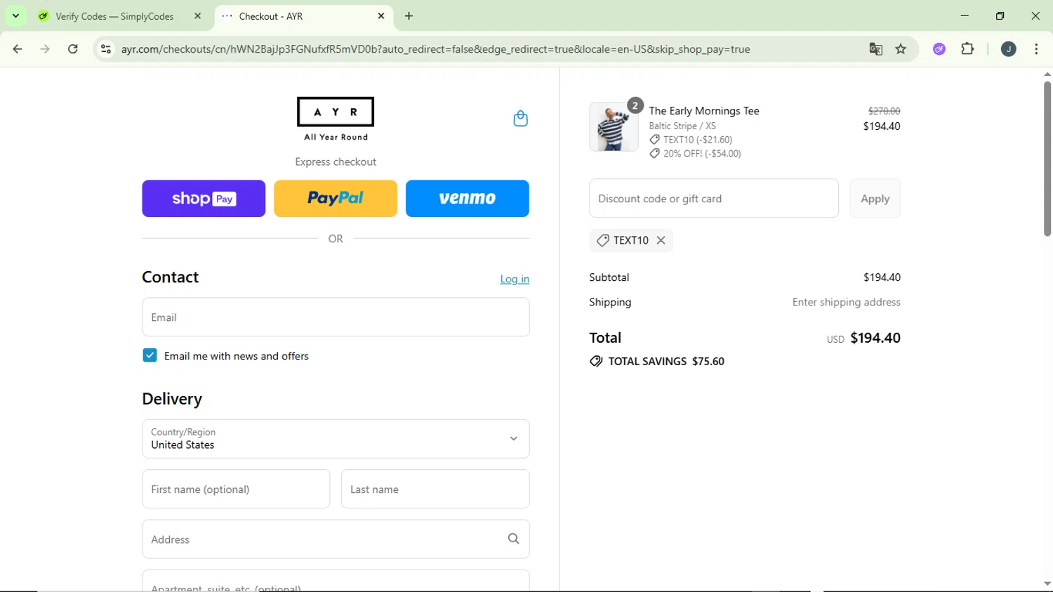 AYR promo code screenshot showing code TEXT10 applied at AYR checkout page. Uploaded by SimplyCodes community member GloriousCollector9930 on Aug 24, 2025