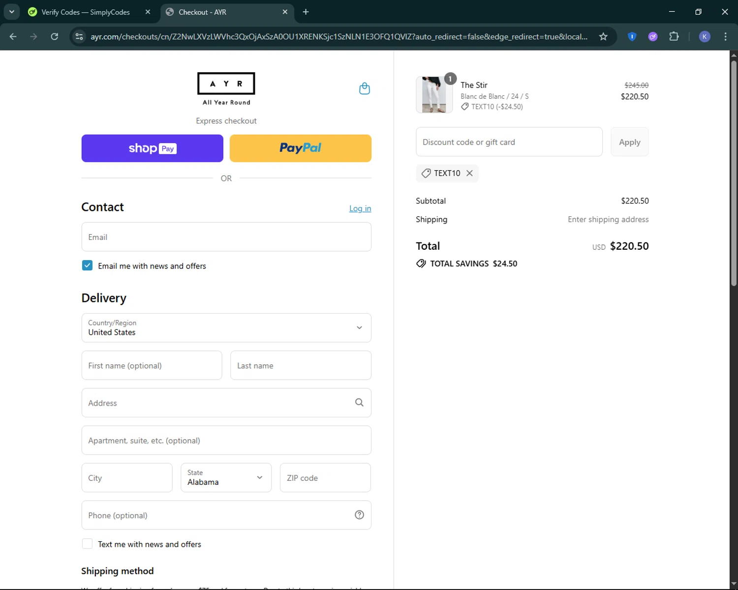 AYR promo code screenshot showing code TEXT10 applied at AYR checkout page. Uploaded by SimplyCodes community member KevLapage on Jul 14, 2025