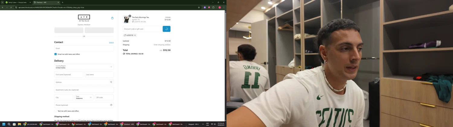 AYR promo code screenshot showing code lucky10 applied at AYR checkout page. Uploaded by SimplyCodes community member CouponSage7331 on Aug 22, 2025