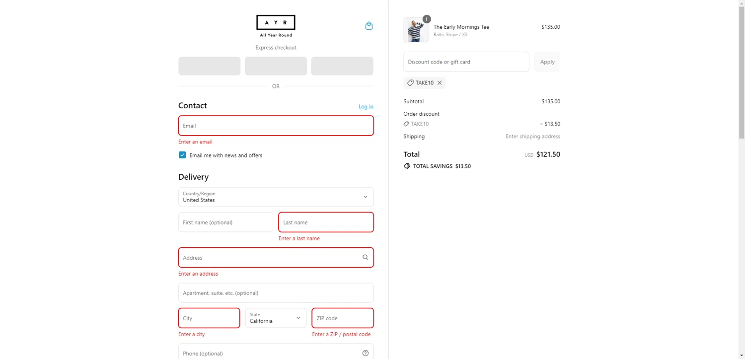 AYR promo code screenshot showing code Take10 applied at AYR checkout page. Uploaded by SimplyCodes community member DiscountWarden480 on Aug 25, 2025