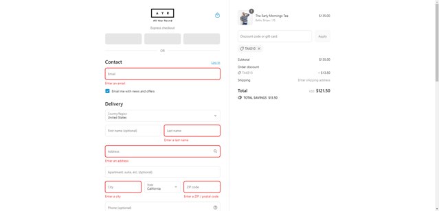 AYR checkout page showing AYR promo code box | Screenshot taken by SimplyCodes community member on Aug 25, 2025