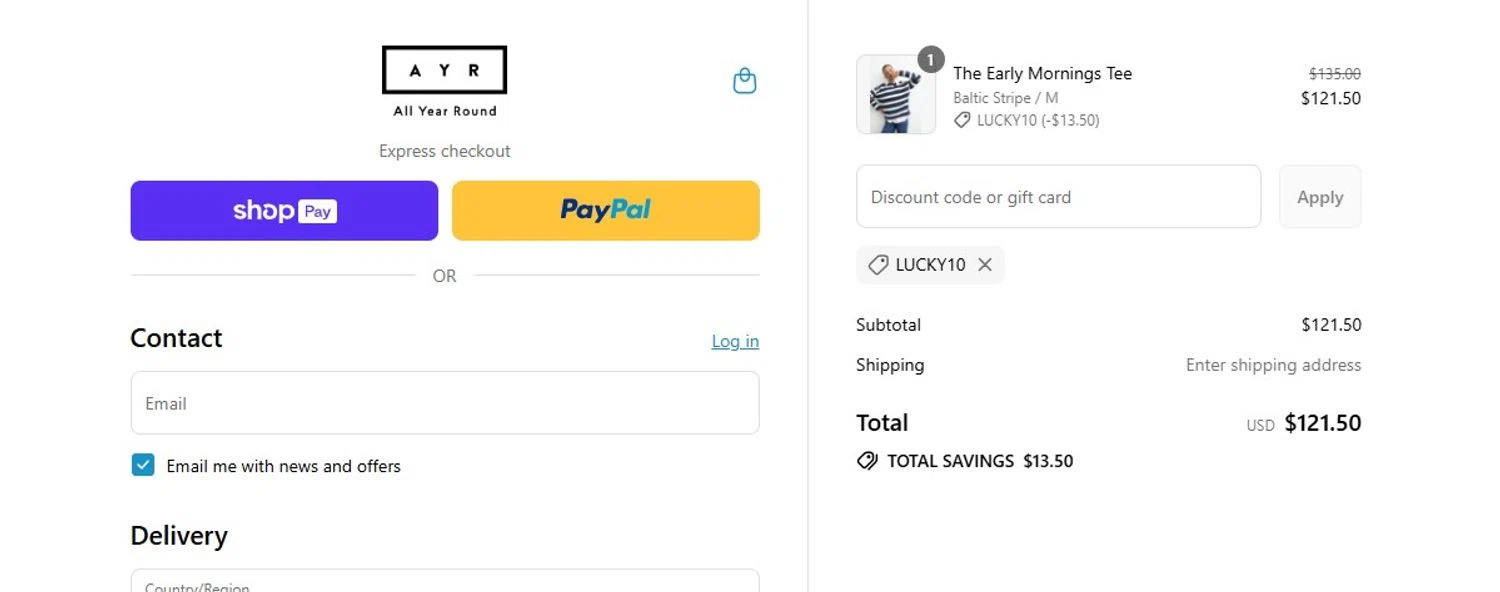 AYR promo code screenshot showing code lucky10 applied at AYR checkout page. Uploaded by SimplyCodes community member angelfigueroa2008 on Aug 22, 2025