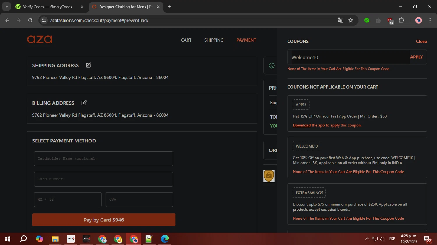 Aza discount code screenshot showing code Welcome10 applied at Aza checkout page. Uploaded by SimplyCodes community member FortunateTiger3302 on Feb 19, 2025