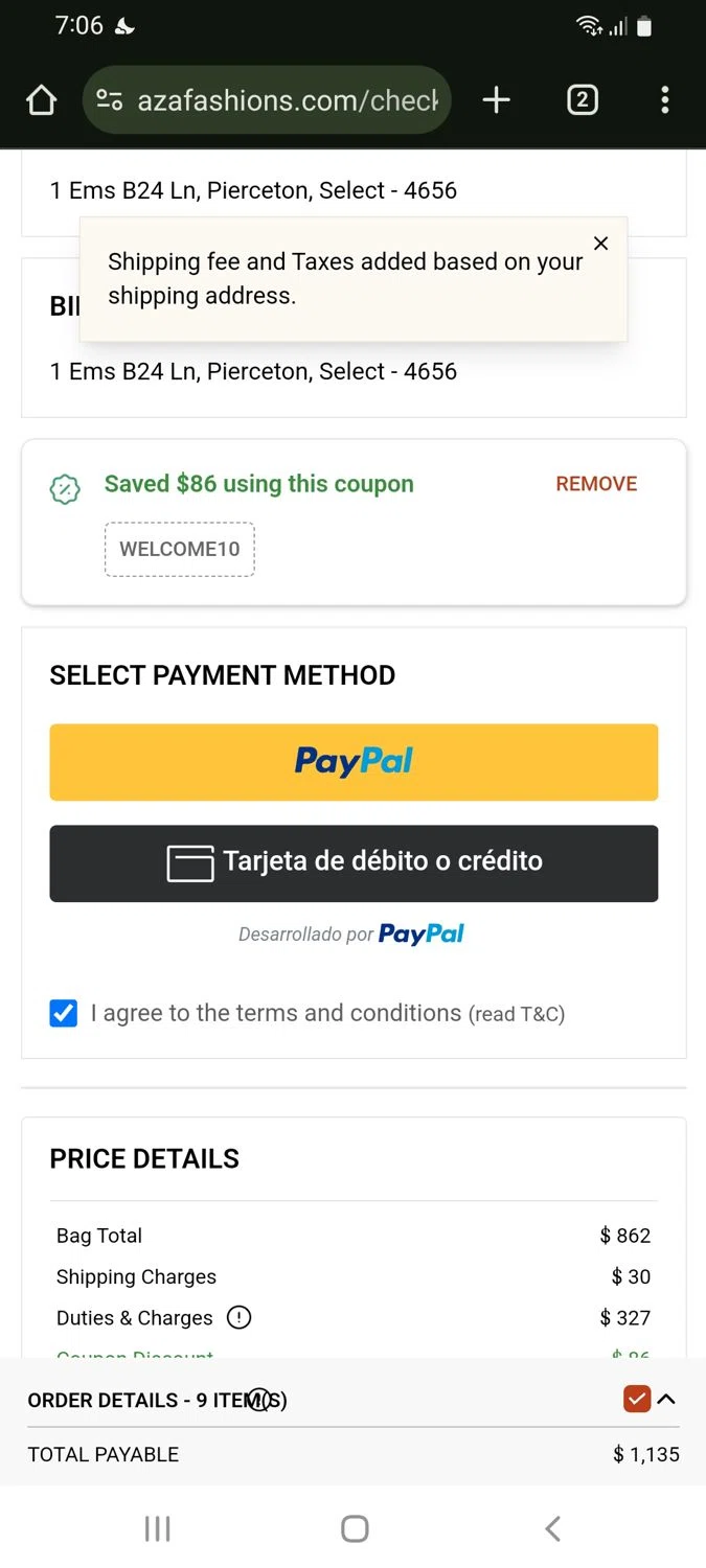 Aza discount code screenshot showing code Welcome10 applied at Aza checkout page. Uploaded by SimplyCodes community member tulioriera on Jan 28, 2025