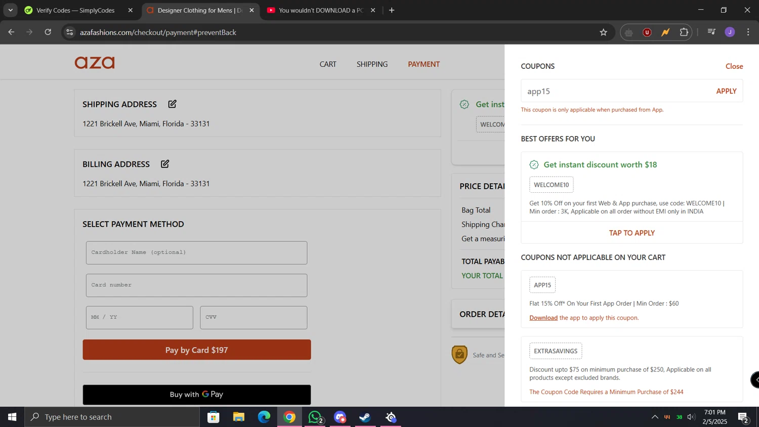 Aza discount code screenshot showing code app15 applied at Aza checkout page. Uploaded by SimplyCodes community member lunita on Feb 5, 2025