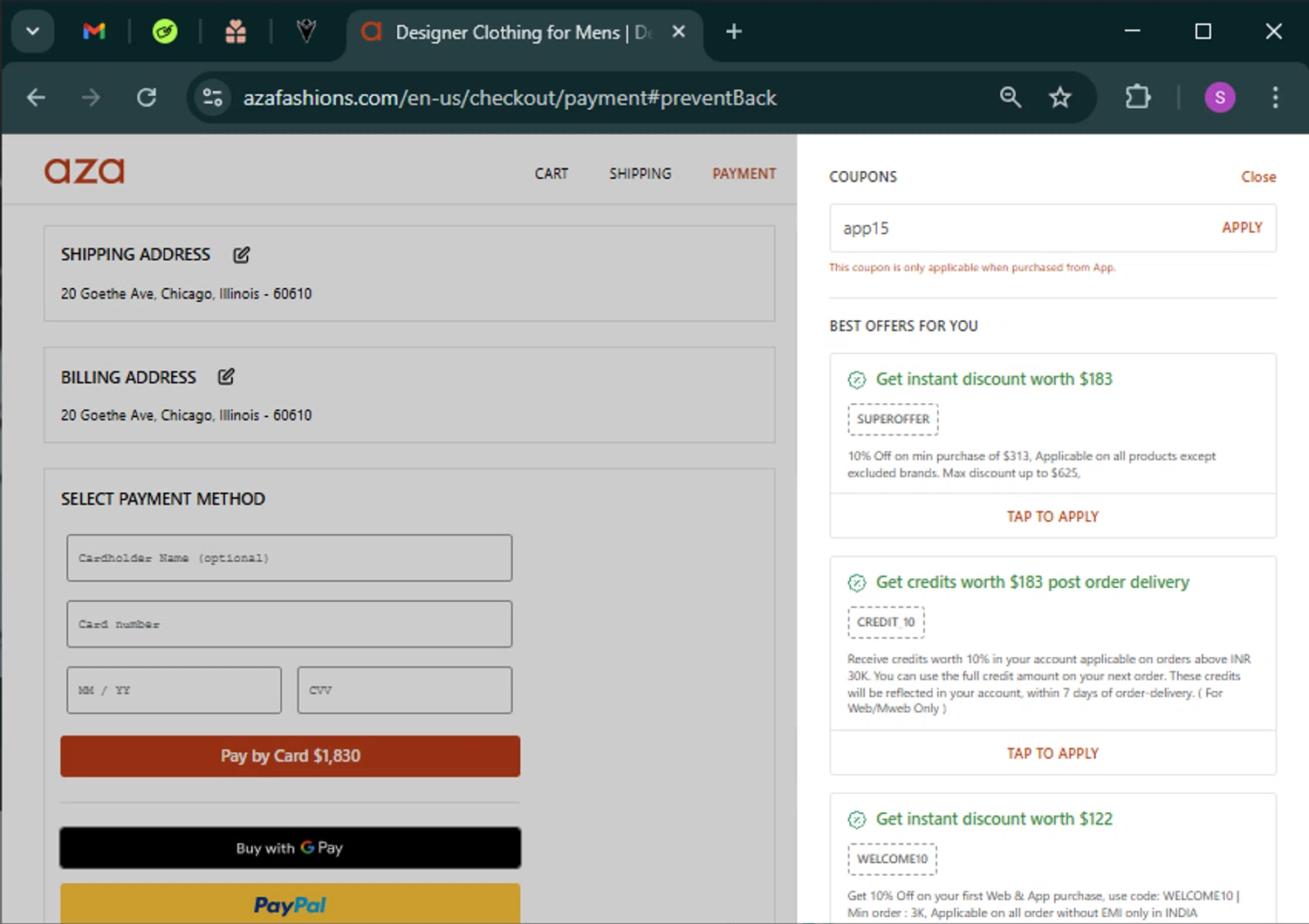 Aza discount code screenshot showing code app15 applied at Aza checkout page. Uploaded by SimplyCodes community member tinkle_tinkle on Feb 5, 2025