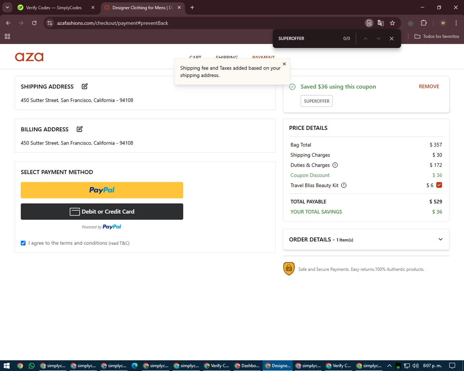 Aza discount code screenshot showing code SUPEROFFER applied at Aza checkout page. Uploaded by SimplyCodes community member DealMaestro2101 on Apr 9, 2025