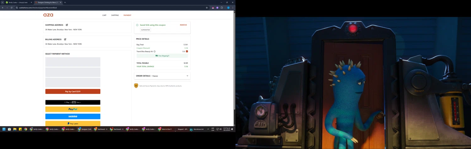 Aza discount code screenshot showing code SUPEROFFER applied at Aza checkout page. Uploaded by SimplyCodes community member BargainGuardian280 on May 1, 2025