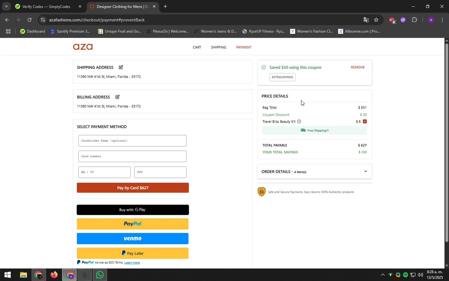 Aza discount code screenshot showing code EXTRASAVINGS applied at Aza checkout page. Uploaded by SimplyCodes community member DeathBone on May 13, 2025