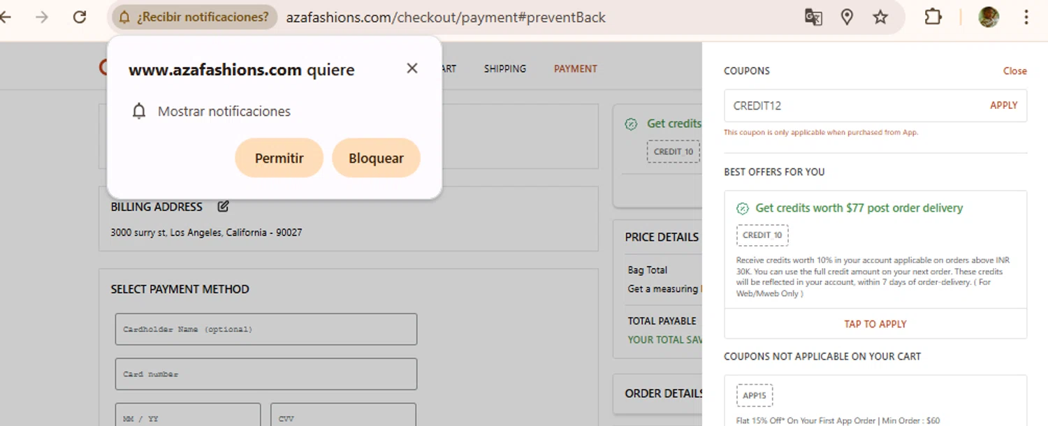 Aza discount code screenshot showing code CREDIT12 applied at Aza checkout page. Uploaded by SimplyCodes community member BudgetLion5814 on Mar 14, 2025